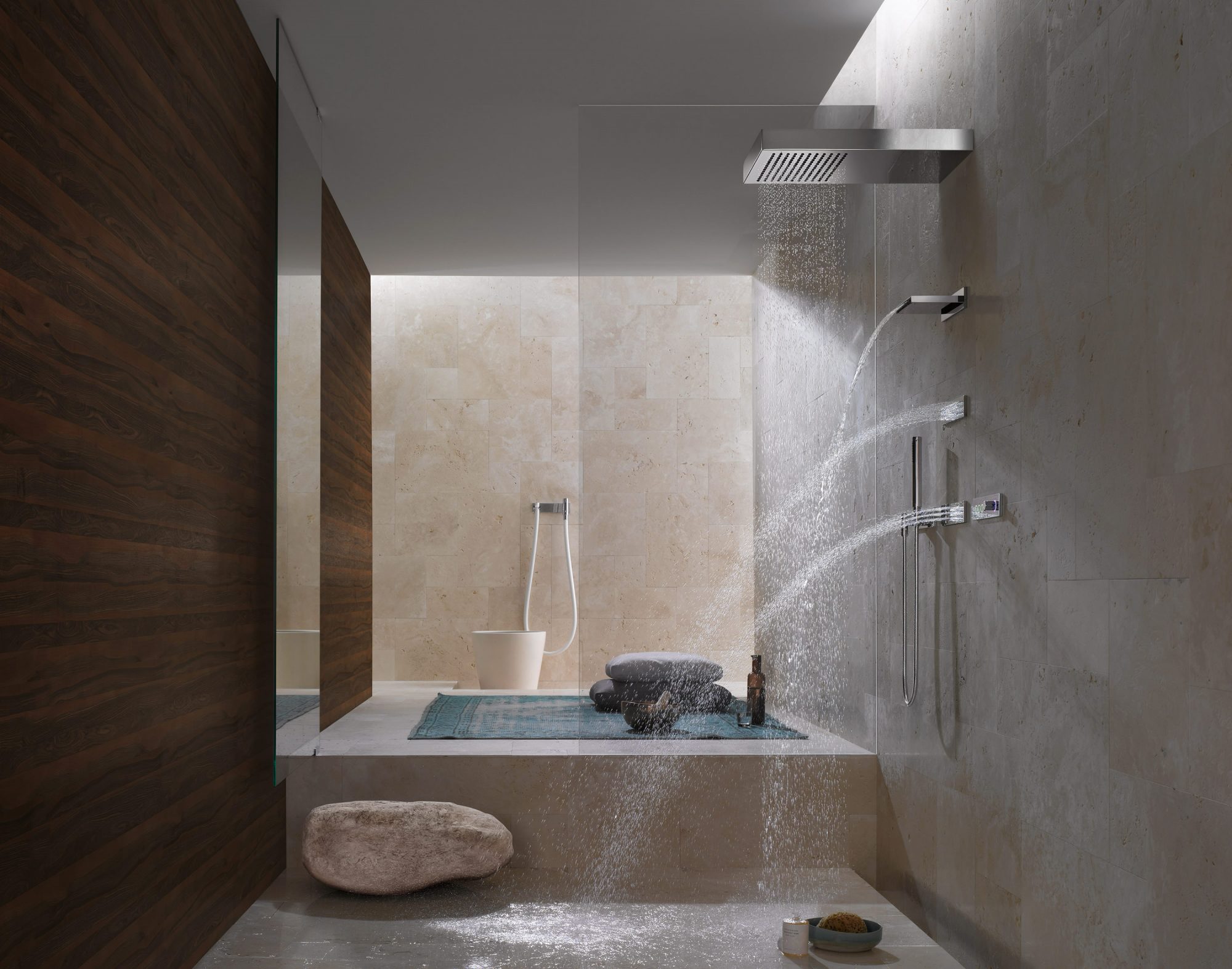 Shower douche. Ванная комната с тропическим душем. Интерьер ванной комнаты с тропическим душем.