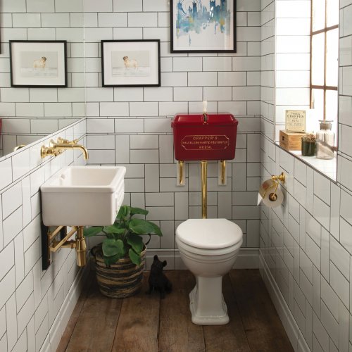 West One Bathrooms LL Cloakroom set with Darby brackets & Red cistern