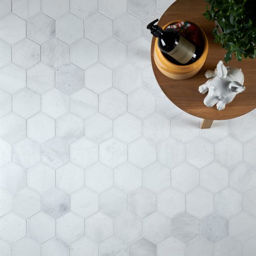 West One Bathrooms – Long Island Marble Honed Large Hexagon Mosaic 1