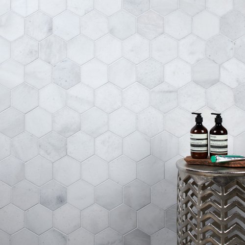West One Bathrooms – Long Island Marble Honed Large Hexagon Mosaic 2