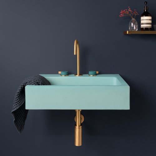 West One Bathrooms Jura B1 Duck Egg with Alto Brushed Brass and Teal Deck Mounted Taps