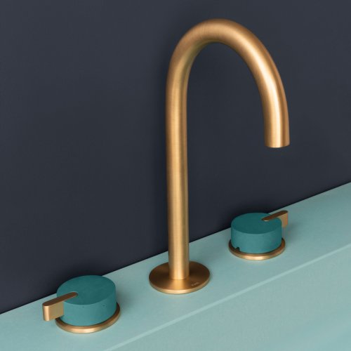 West One Bathrooms Jura B1 Duck Egg – Alto Brushed Brass and Teal Deck Mounted Taps – 4×5