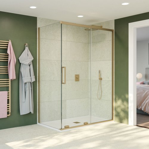 West One Bathrooms – Optix 10 Sliding door with side panel Brushed Brass