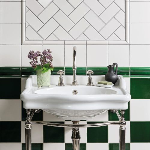 West One Bathrooms VS Wall Cotton White Square, Simple Beading & Metro, VS Wall Olive Green Square, Dado and Classic Skirting, and VS Floor Finchley Soft Grey CREDIT  CATCHPOLE & RYE WASHSTAND (2)